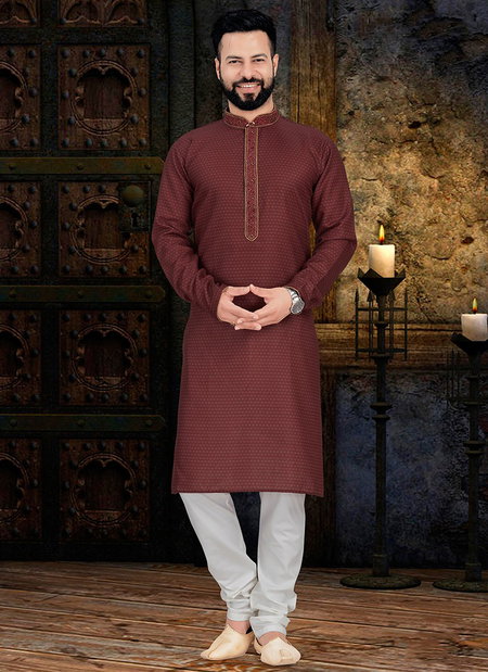 Maroon Colour Outluk Vol 42 Traditional Wear Long Kurta Pure Cotton With Digital Print Kurta Pajama Mens Collection 42003